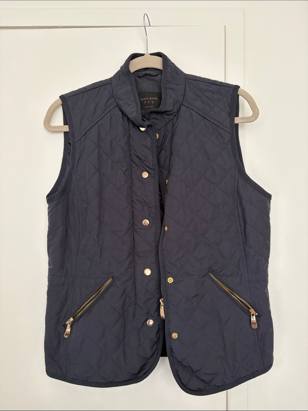 Zara Quilted Navy Sleeveless Vest with Gold Zippers